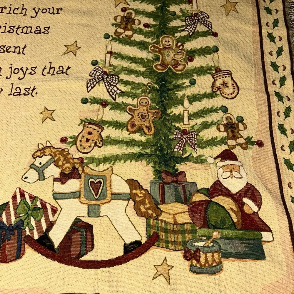 VTG Christmas Tapestry Throw Blanket Fringe Tree Santa Presents Cotton 48x58